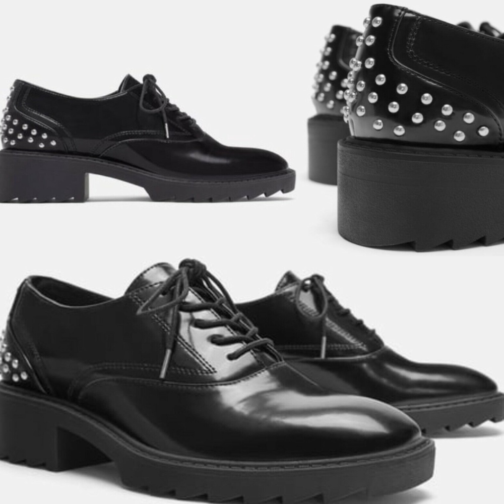 Zara Lace-up Flat Non Leather Shoes With Studs